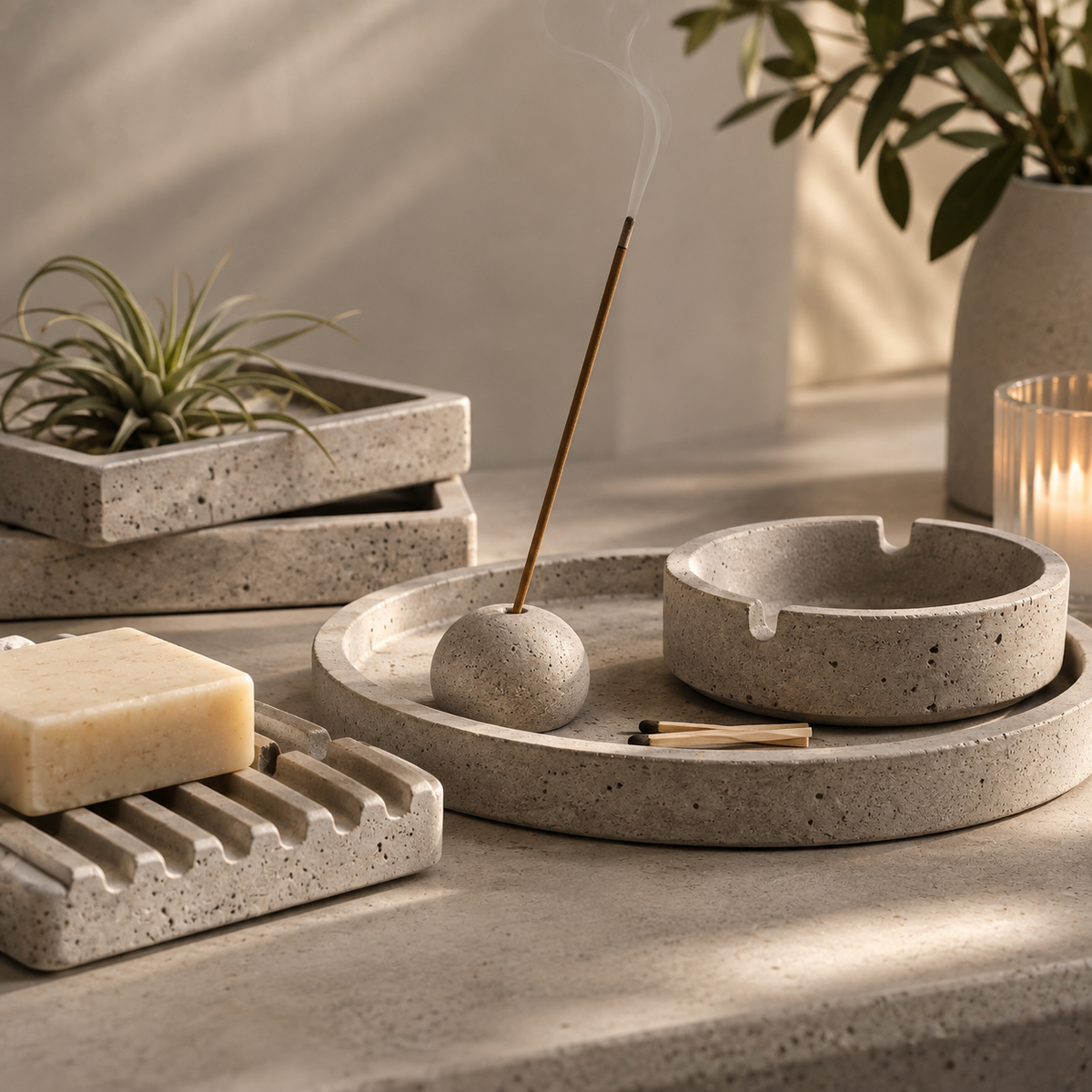 Handcrafted concrete tray, soap dish, incense holder and ashtray in a warm minimalist setting
