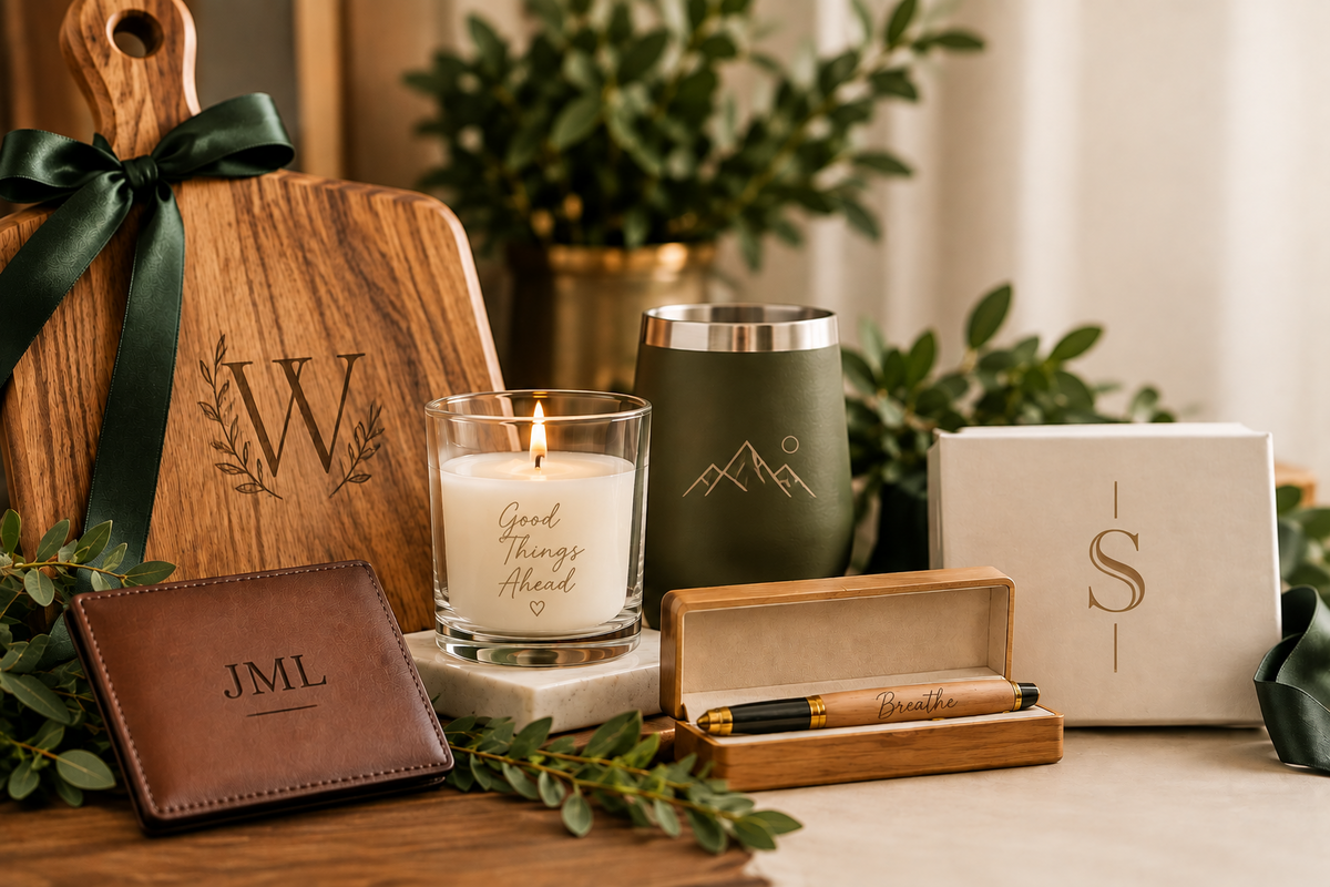 Personalized engraved cutting board, wallet, candle, tumbler, pen and gift box