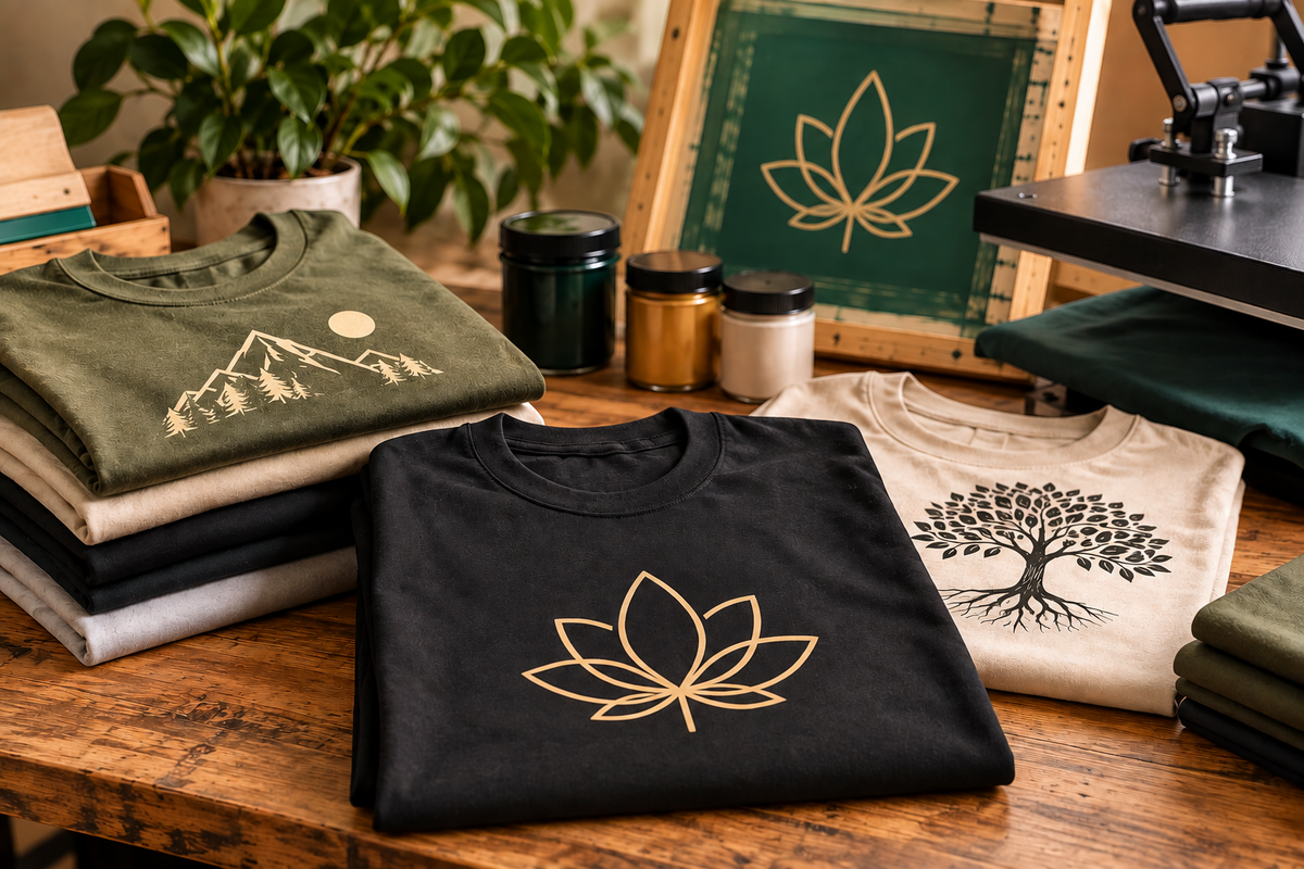 Screen-printed T-shirts in a warm studio with printing equipment