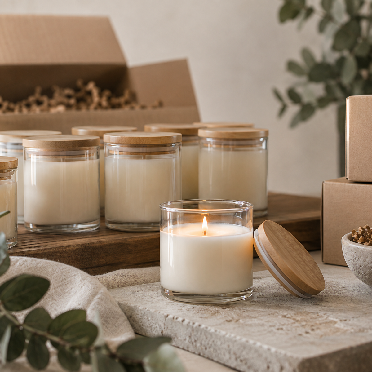 Wholesale candles arranged with natural packaging in a warm minimalist studio setting